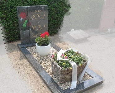 grafsteen met zandstraal bloem in kleur
